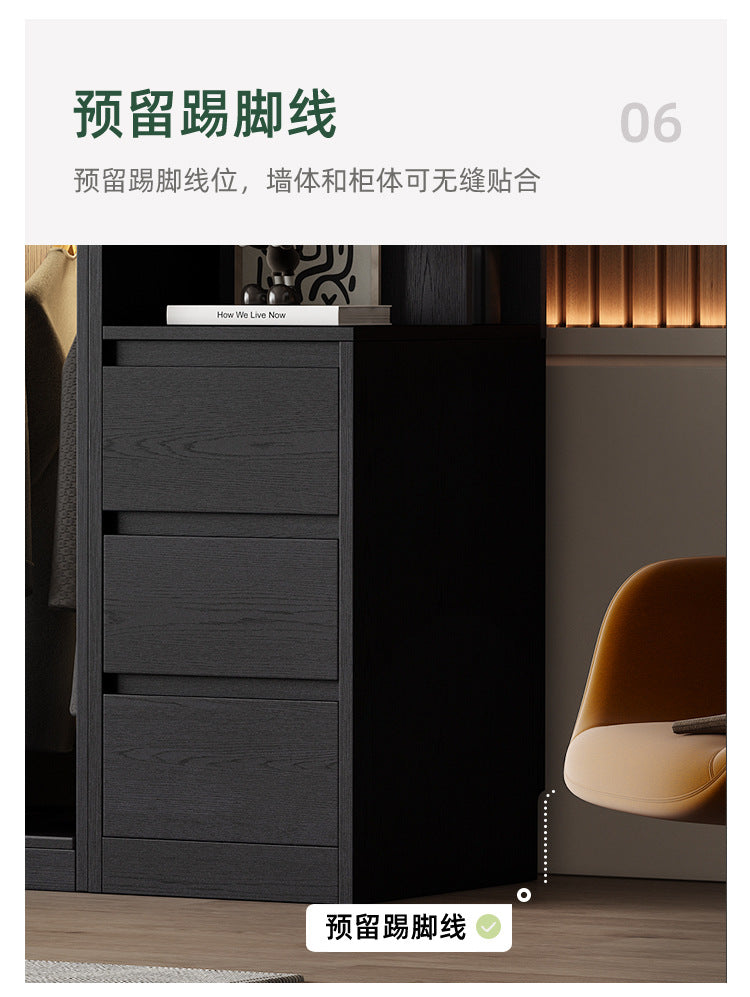 Solid Wood Sliding Door Bedroom Wardrobe Italian Minimalist Black Glass Door Modern Simple High-Grade Oak Storage Closet