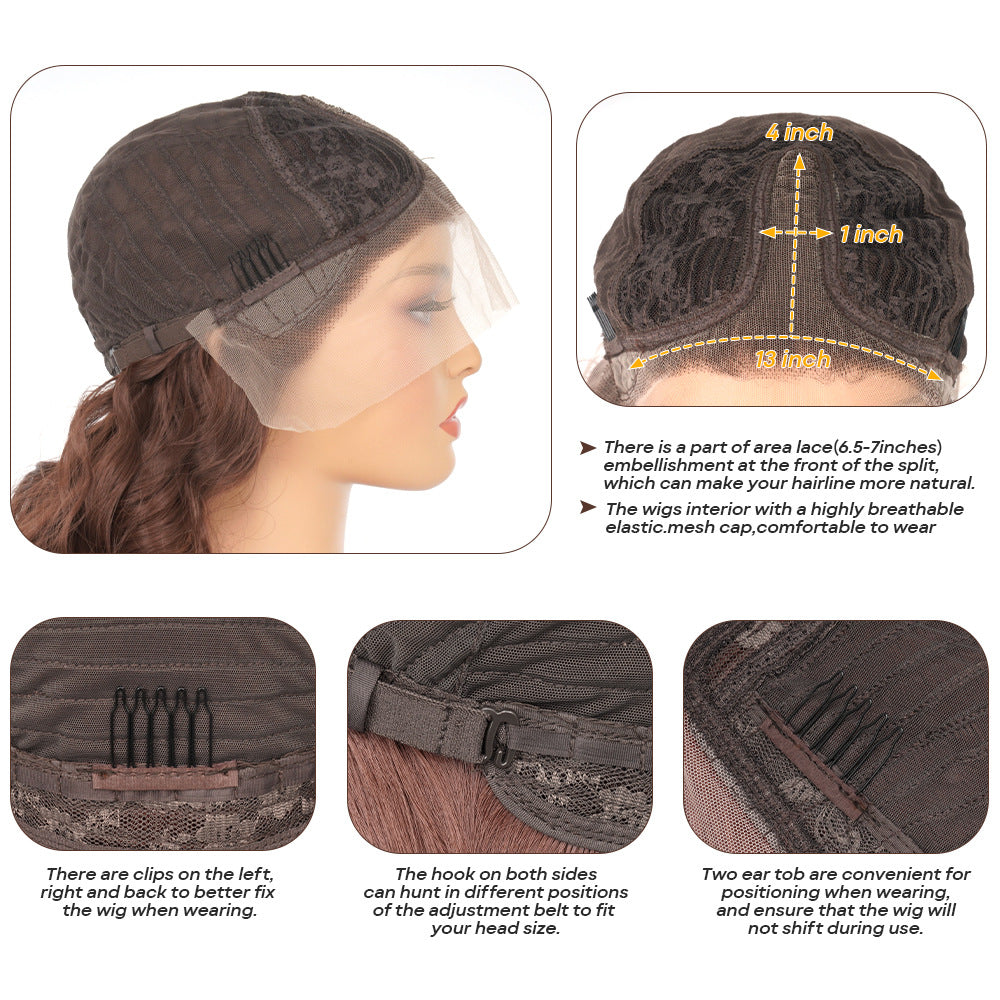 13x4x1Foreign Trade Hot-Selling Wig for European and American Women, Front Lace Wig, Synthetic Chocolate Color, Big Curly Rilley Style