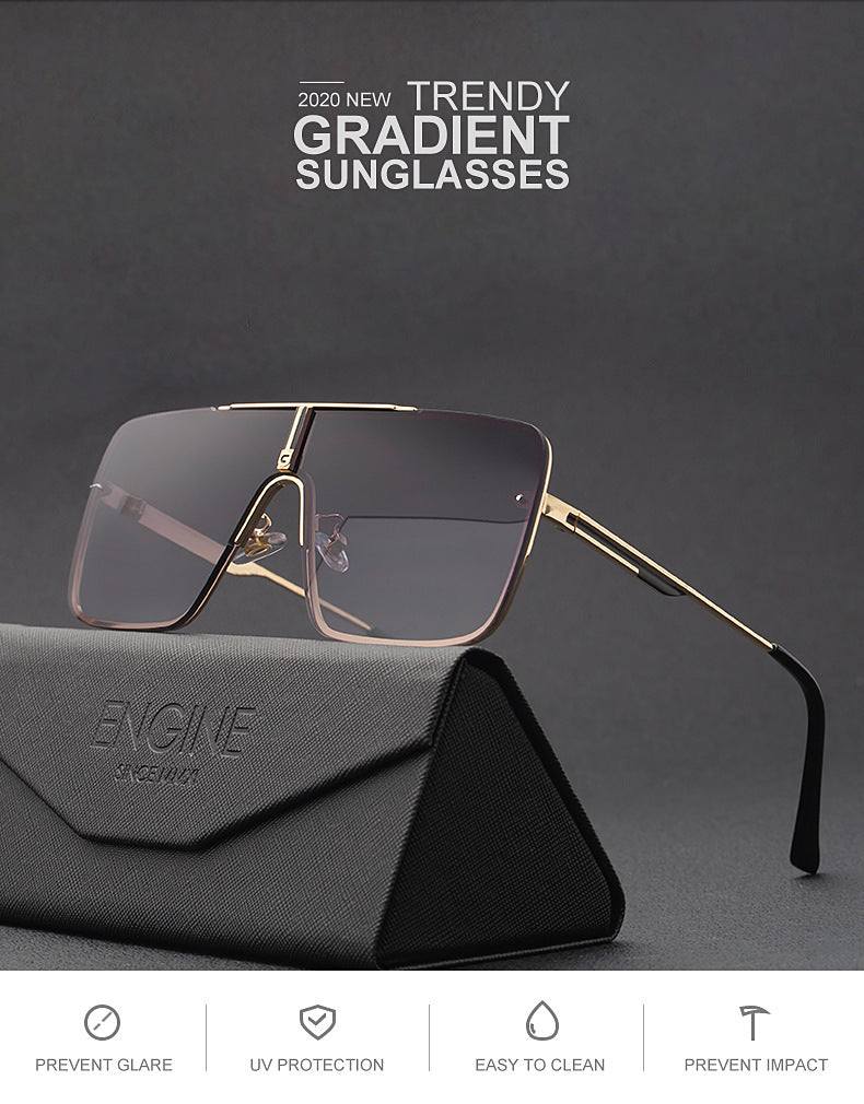 New Large Frame Sunglasses for Men Metal Frame One-piece Fashion Internet Celebrity Square Frame Glasses Trendy Sun Protection Driving Sunglasses