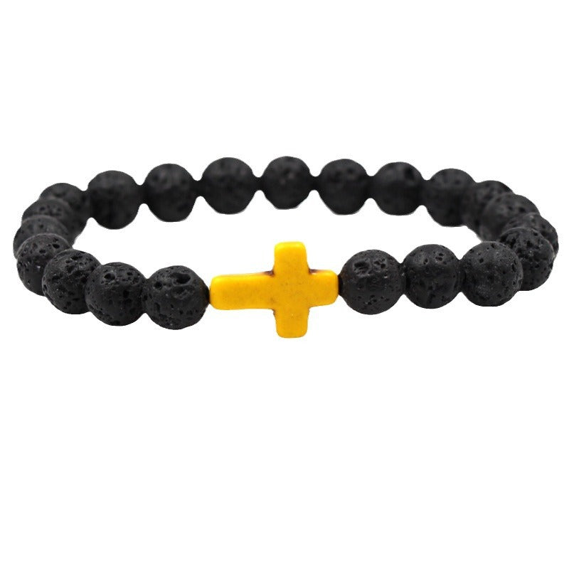 Easter Cross Bracelet Men's Personalized Gift Turquoise Bracelet8mm Beaded Volcanic Stone Cross Bracelet
