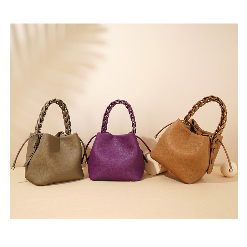 European Style New Top Layer Cowhide Bucket Bag High-Quality Genuine Leather Fashion Women's Handbag Tote Shoulder Crossbody Bag Woven