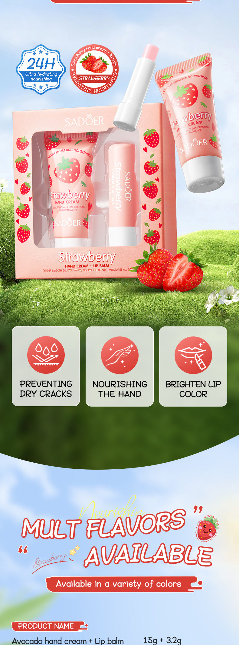 Strawberry Hand Cream Lip Balm Set SADOER Nourishing Autumn and Winter Hand Cream Lip Balm  Wholesale