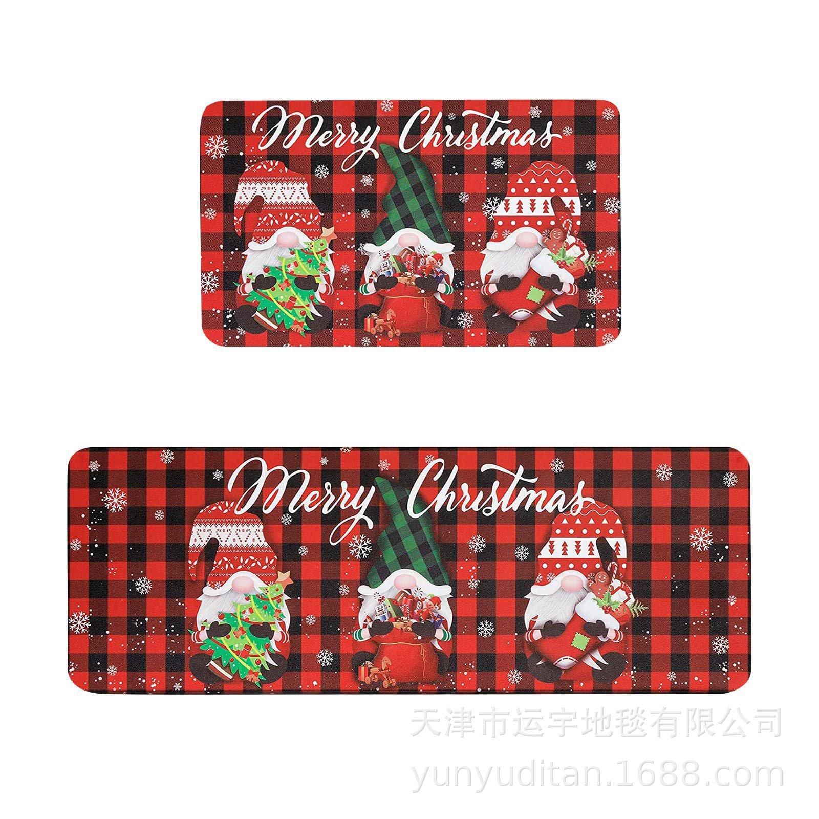 Christmas Kitchen Floor Mat Two-Piece Set Crystal Velvet Water-Absorbent Oil-Absorbent Non-Slip Foot Mat Holiday Decorative Floor Mat