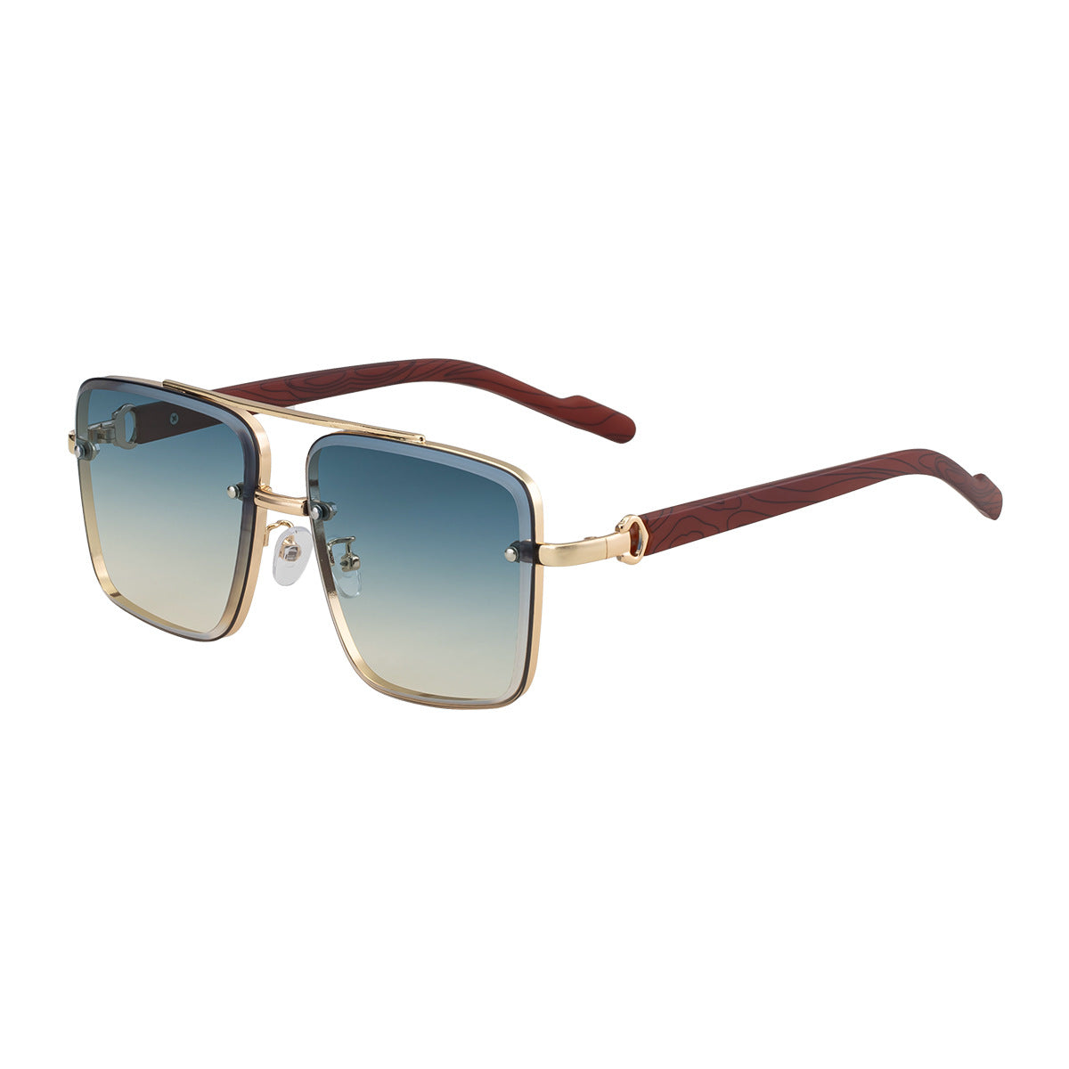 2025New European and American Fashion Square Frame Sunglasses for Men Retro Imitation Wood Grain Temple Double Bridge Sun Protection Sunglasses for Men