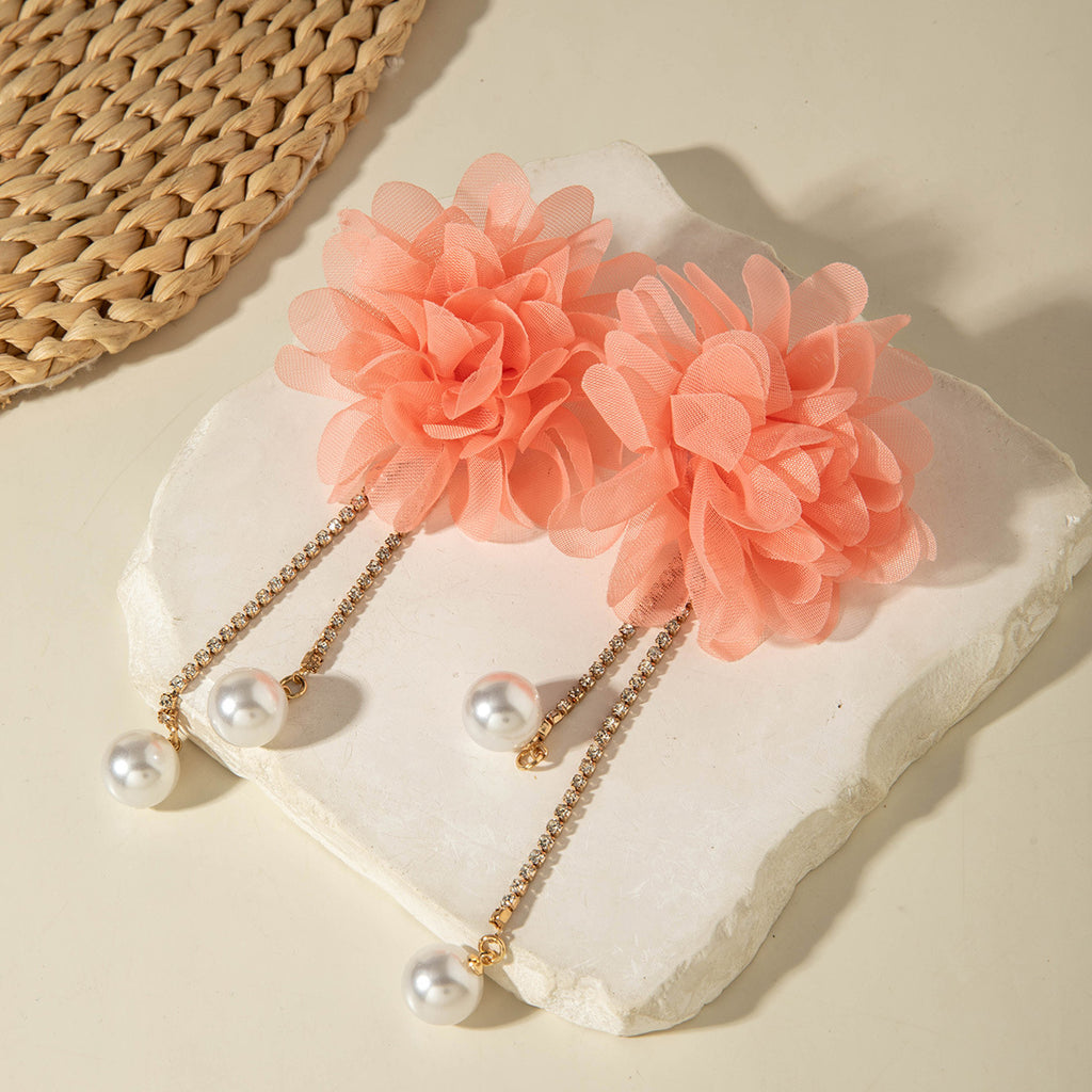European and American Style Exaggerated Imitation Pearl Tassel Flower Earrings Fresh and Elegant Temperament Earrings for Women