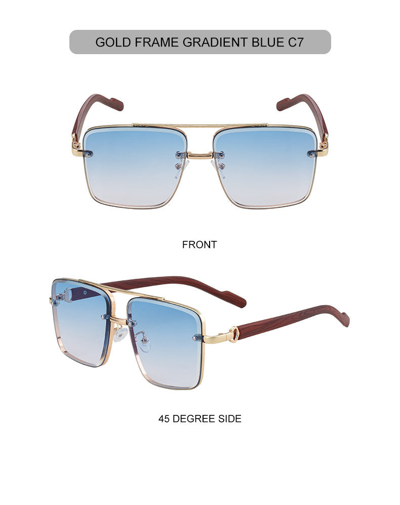 2025New European and American Fashion Square Frame Sunglasses for Men Retro Imitation Wood Grain Temple Double Bridge Sun Protection Sunglasses for Men