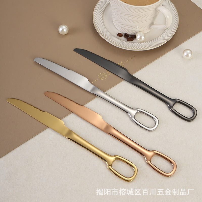 304Stainless Steel Western Cutlery Set with Rings, Steak Knife, Fork, Spoon, European Style Hanging Hole Tea Spoon with Tail Set