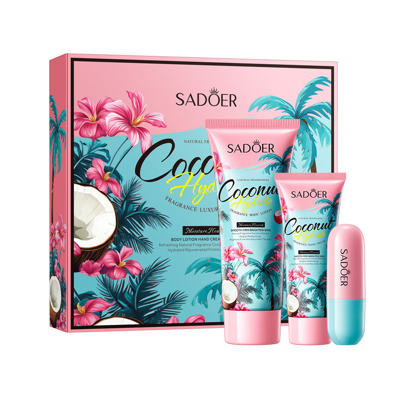 Coconut Fragrance Luxury Care Gift Box SADOER Hydrating Body Lotion Hand Cream Lip Balm  Wholesale