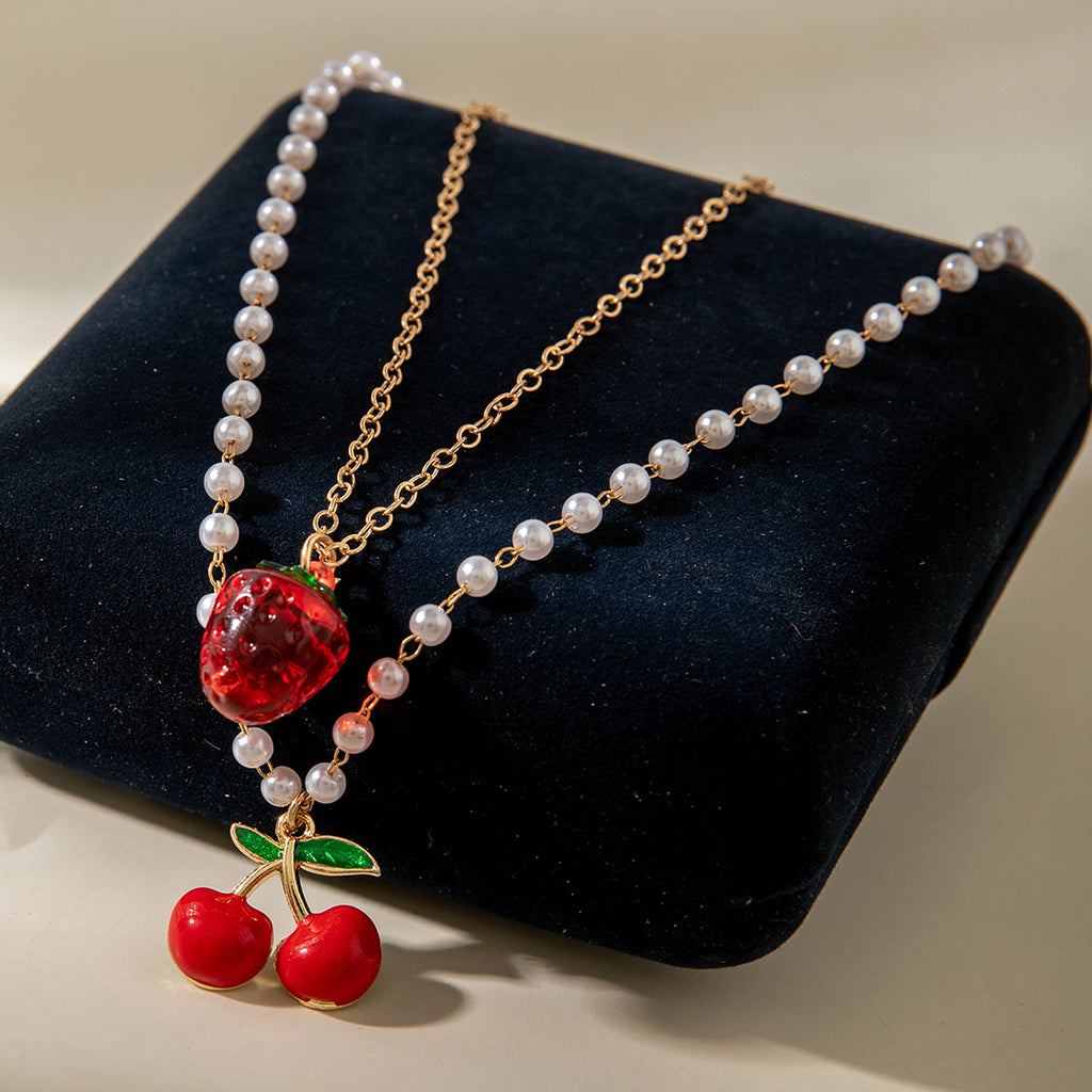 European and American Style Jewelry Light Luxury Imitation Pearl Cherry Necklace High-End Versatile Grass Multi-Layer Stacking Necklace Wholesale