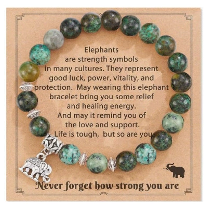 Women's Pink Zebra Stretch Bracelet Natural Stone8mm African Pine Agate Stone Elephant Pendant Bracelet