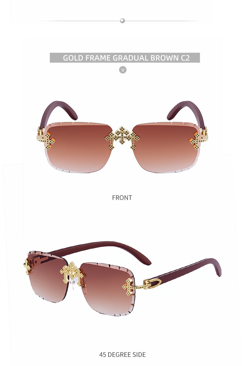 2025New European and American Retro Frameless Sunglasses for Men with Diamond Cut Edge and Imitation Wood Grain Temples Wholesale