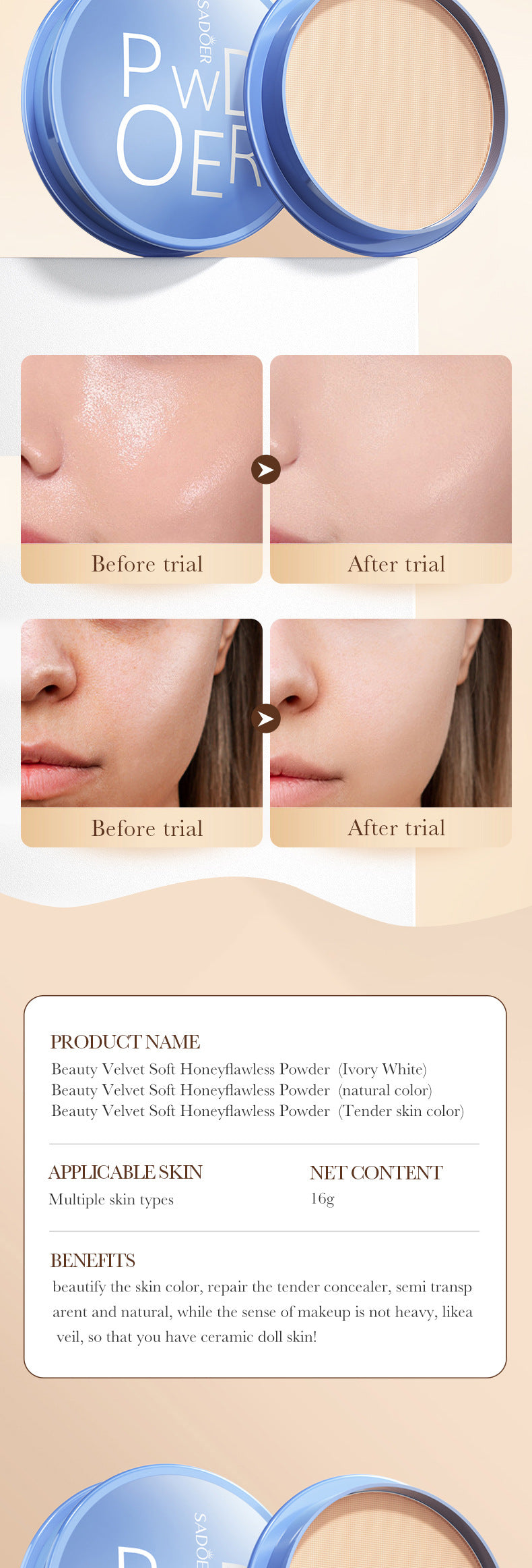 Makeup SADOER Velvet Flawless Powder Brightening Skin Tone Lightweight Contour Concealer Cushion  Wholesale