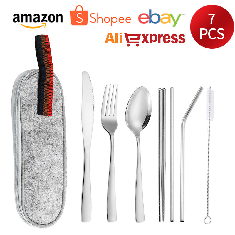 410Stainless Steel Portable Outdoor Camping Tableware Set304Stainless Steel Straw Knife Fork Spoon Chopsticks Seven-Piece Set