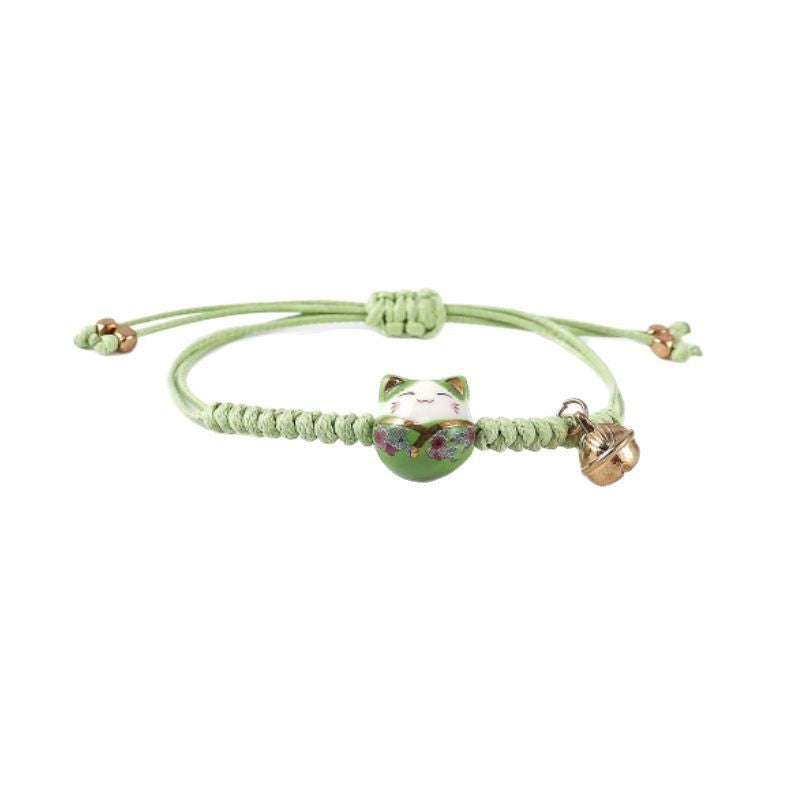 Vintage Ceramic Cat Handmade Woven Bracelet for Women Best Friend Gift Bell Pendant Cartoon Lucky Cat Woven Bracelet
