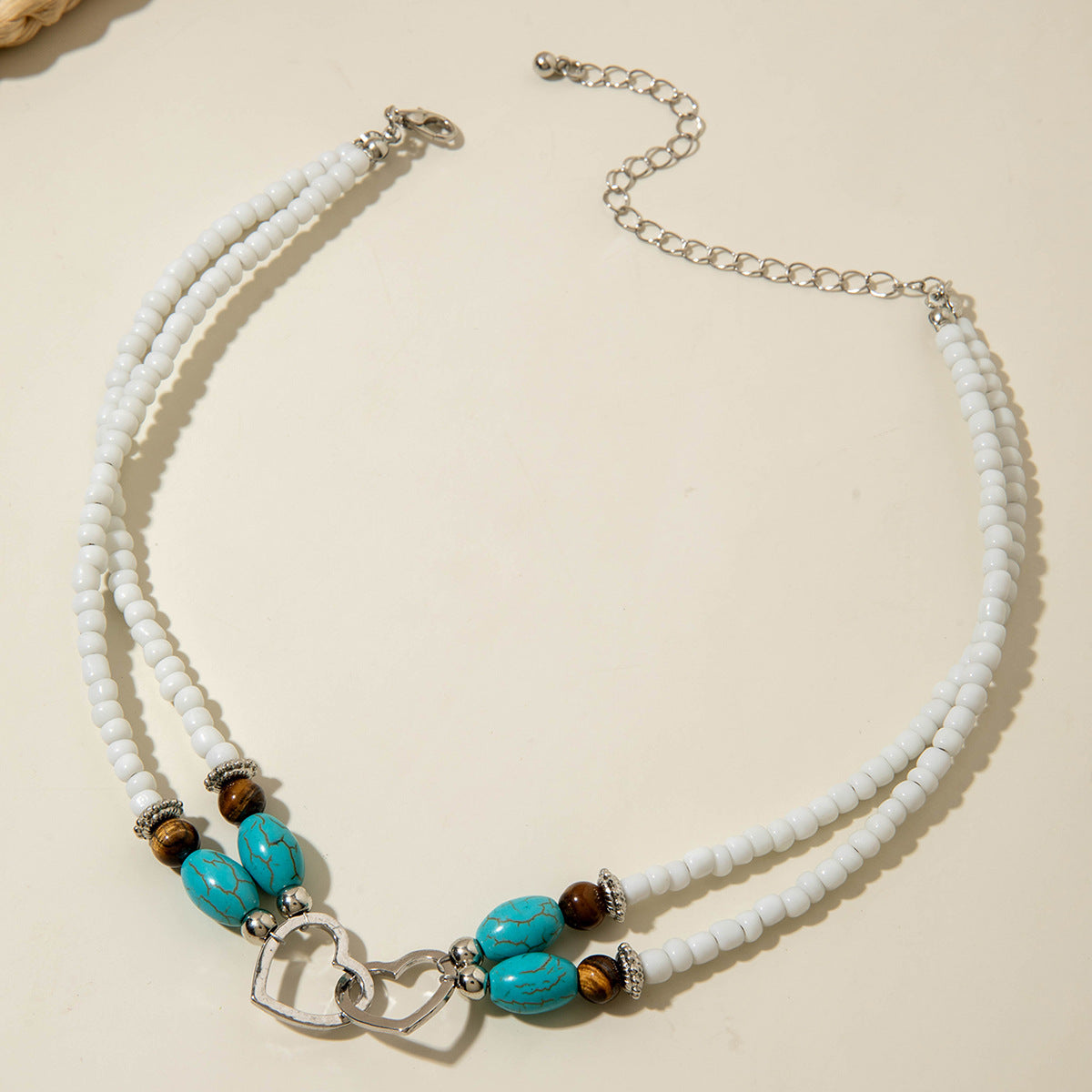 Wholesale Bohemian Vacation Style Rice Bead Turquoise Jewelry Set Metal Heart Jewelry