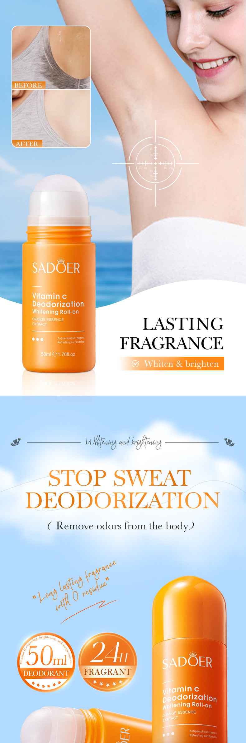 VC Whitening Antiperspirant Roll-On SADOER Brightening Underarm Deodorant Roll-on  Wholesale