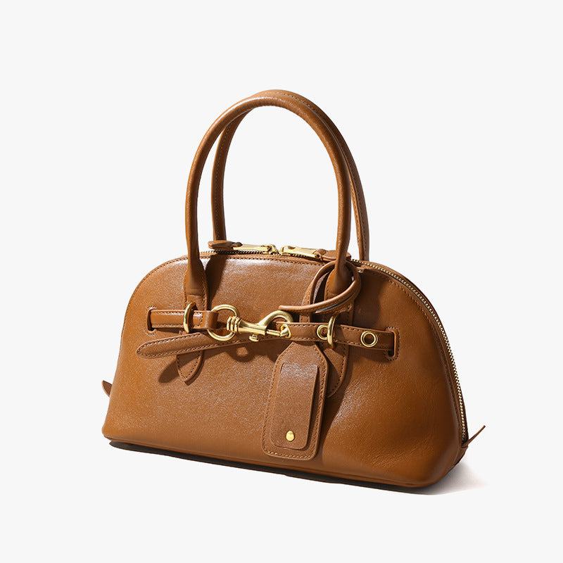 Miaojia Same Style European and American Retro Handbag Female Sense Top Layer Cowhide Crossbody Shell Bag Niche Boston Bag