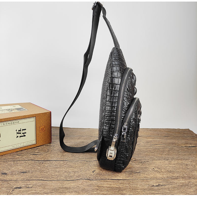 2025New European and American Fashion Crocodile Pattern Top Layer Cowhide Men's Password Lock Genuine Leather Chest Bag High-end Crossbody Bag