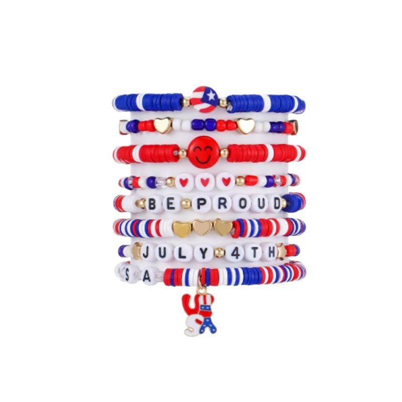 Alphabet Soft Clay Bracelet Women's Gift Freedom and Happiness Red White Blue Eight-piece Set European and American Independence Day Soft Clay Bracelet