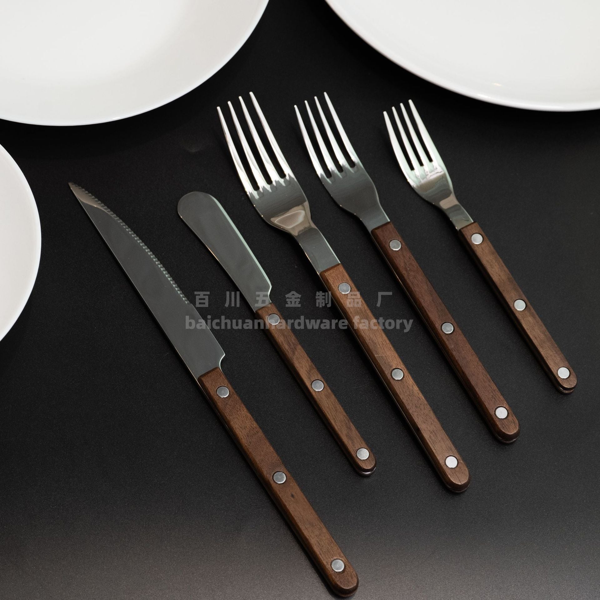 French Style Solid Wood Walnut Handle Western Cutlery Stainless Steel Knife Fork Spoon Wholesale Household Kitchen Western Restaurant