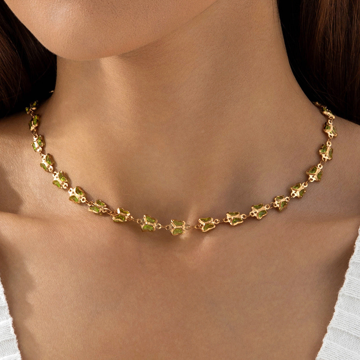 European and American New Style Green Zircon Niche Personality Retro Inlaid Diamond Short Necklace Collarbone Chain Choker chocker Female