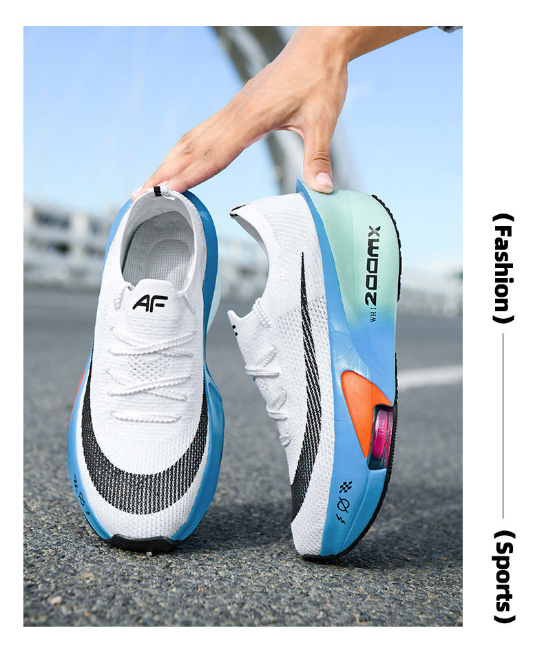 Autumn New High Elastic Double Mesh Breathable Student Training Racing Running Shoes Air Cushion Shock Absorption Full Palm Carbon Plate Sports Shoes