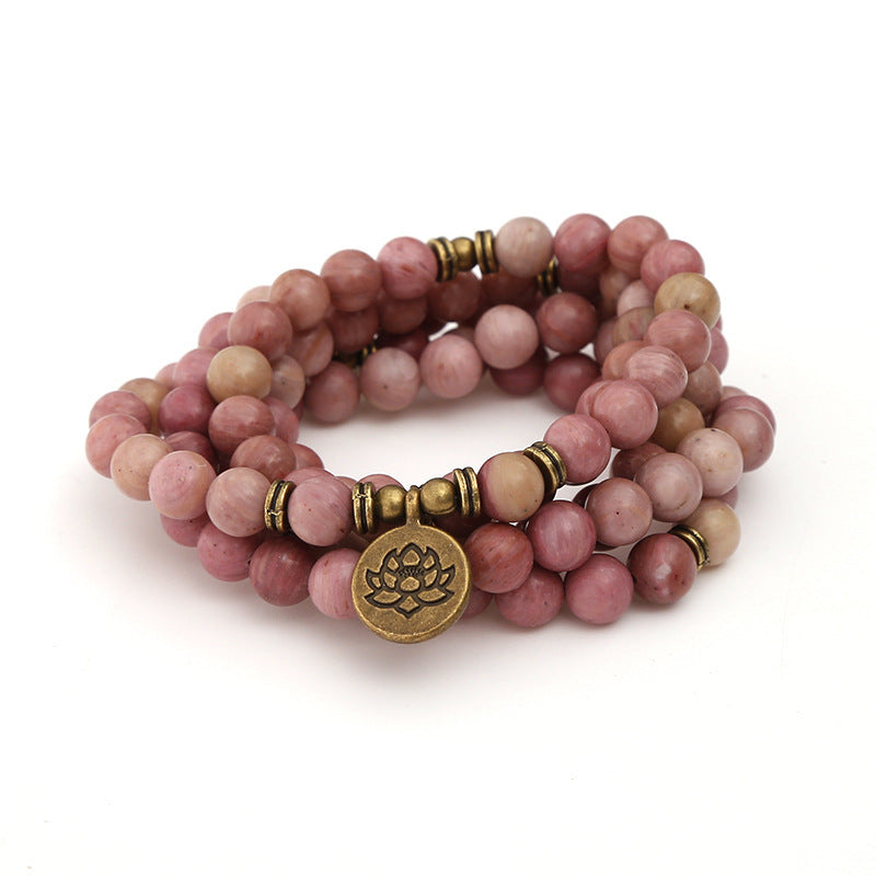 Mahogany Grain Long Bracelet for Men8mm Natural Stone108Beaded Knotted Lotus Pendant Long Bracelet