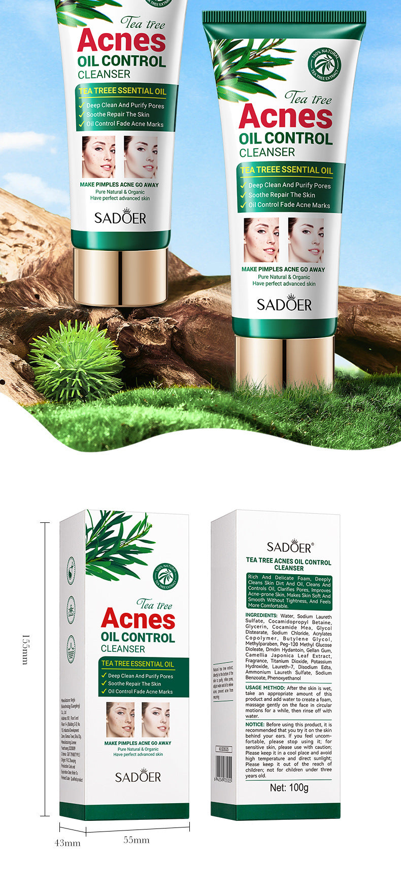 Tea Tree Facial Cleanser100gSADOER Deep Cleansing Moisturizing Refreshing Cleanser  Wholesale