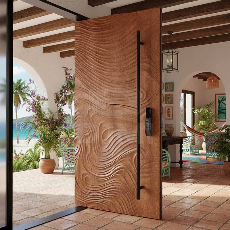Customized New Front Security Big Modern Villa House  Solid Wood Pivot Doors Exterior Wooden Door Main Entrance