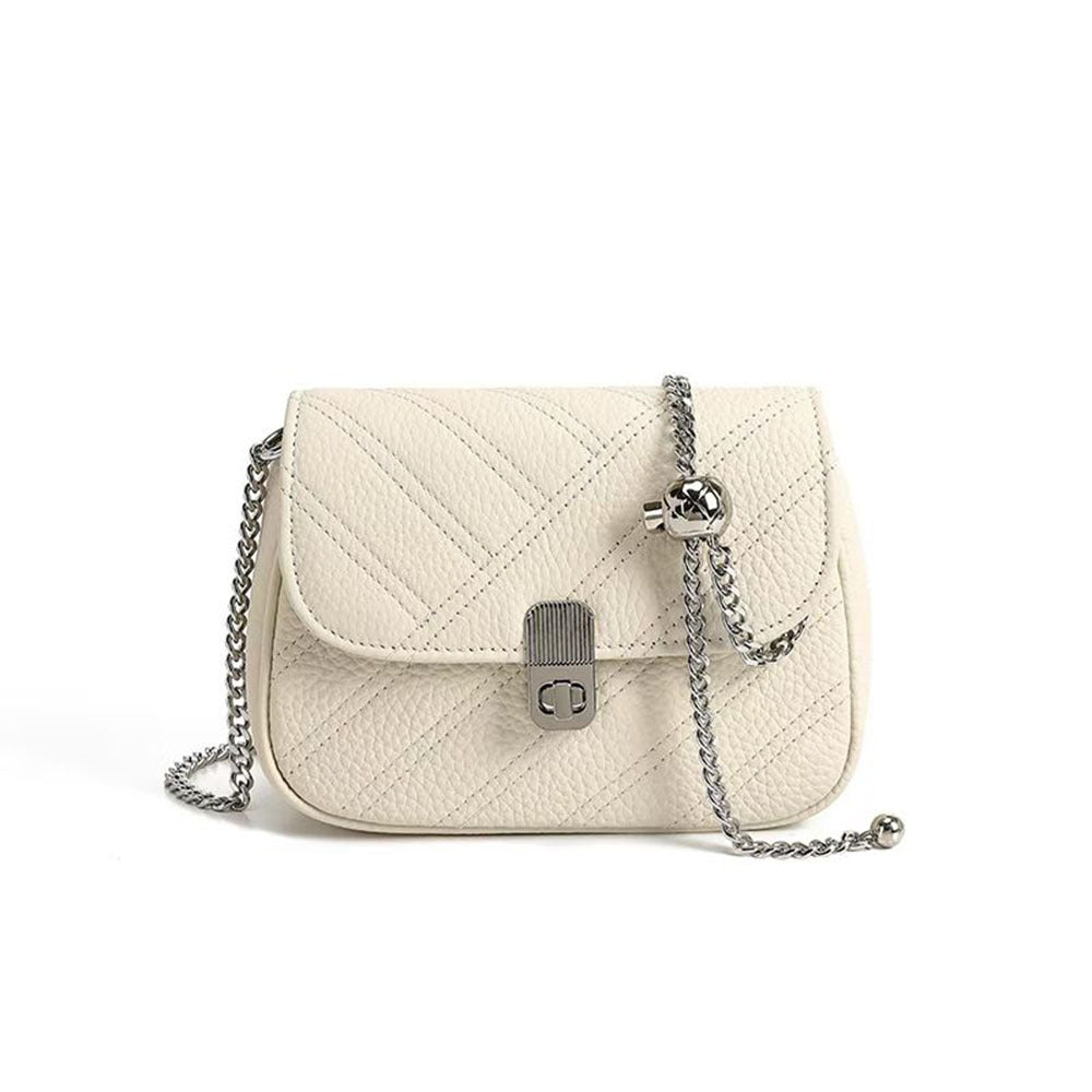 Genuine Leather Women's Bag New Metal Chain Small Square Bag Simple Versatile Chanel Style Single Shoulder Solid Color Embroidered Thread Crossbody Bag