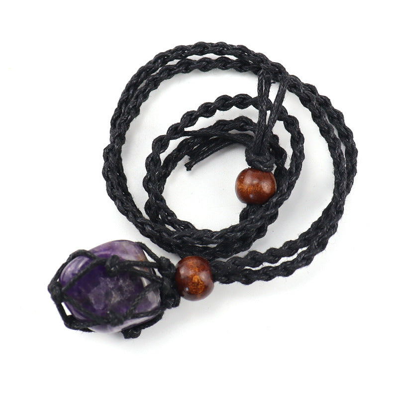 Men's Woven Mesh Necklace Natural Stone Crystal Vintage Sweater Chain Tiger Eye Stone Lapis Lazuli Amethyst Mesh Necklace