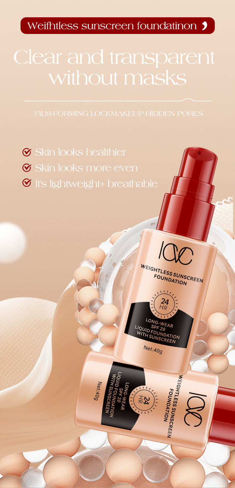 ICVC#Sunscreen Foundation40g Large Capacity Waterproof Long-lasting Non-smudge Lazy Primer Cream E-commerce