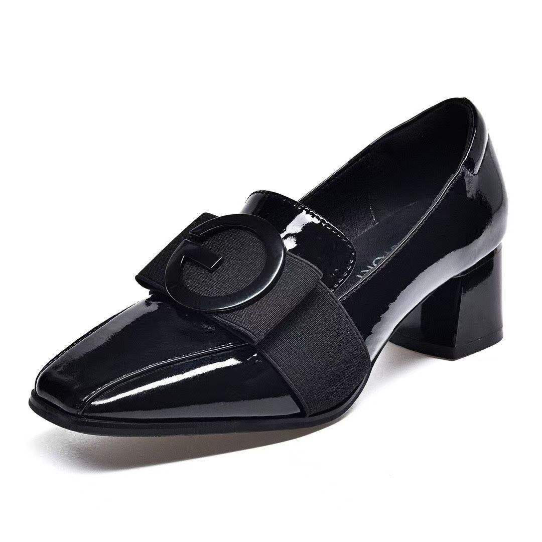 Soft Leather Patent Leather New Style Women's Shoes Fragrance Style Korean Version Square Toe Elegant Small Leather Shoes Versatile Soft Sole Chunky Heel Loafers for Women