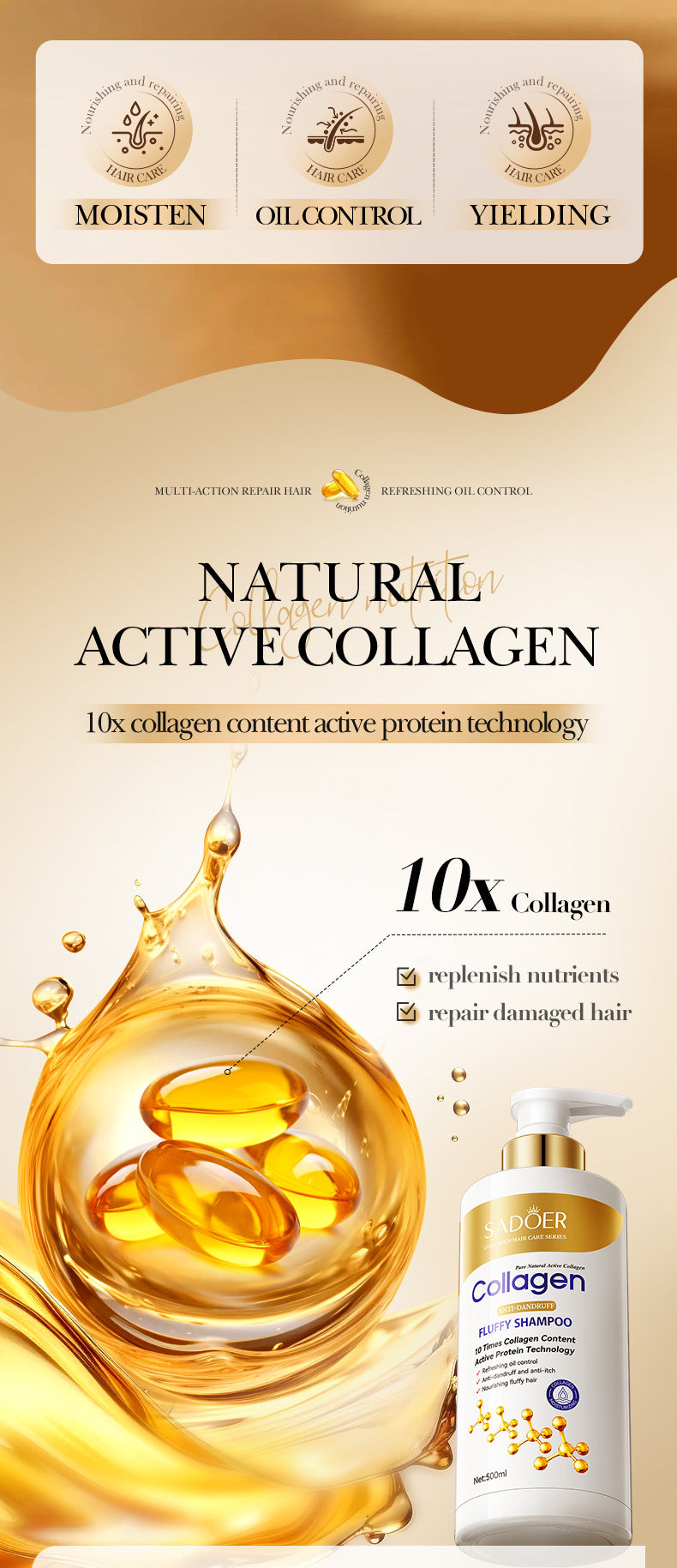 Collagen Anti-Dandruff Shampoo500ml SADOER Smooth Clean Fluffy Shampoo Wholesale