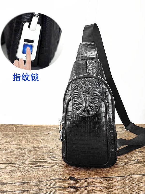 Fingerprint Lock Bag Men's Travel Sports Crossbody Bag Top Layer Cowhide Crocodile Pattern Security Password Lock Genuine Leather Chest Bag