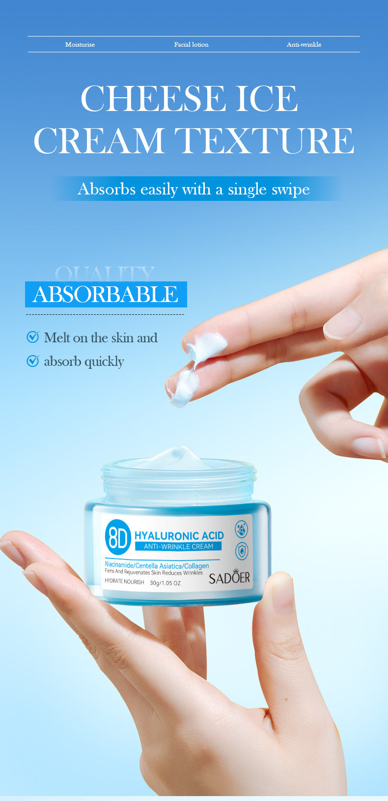 Hyaluronic Acid Face Cream SADOER8D Anti-wrinkle Hydrating Nourishing Face Cream Moisturizing and Rejuvenating  Foreign Trade Wholesale