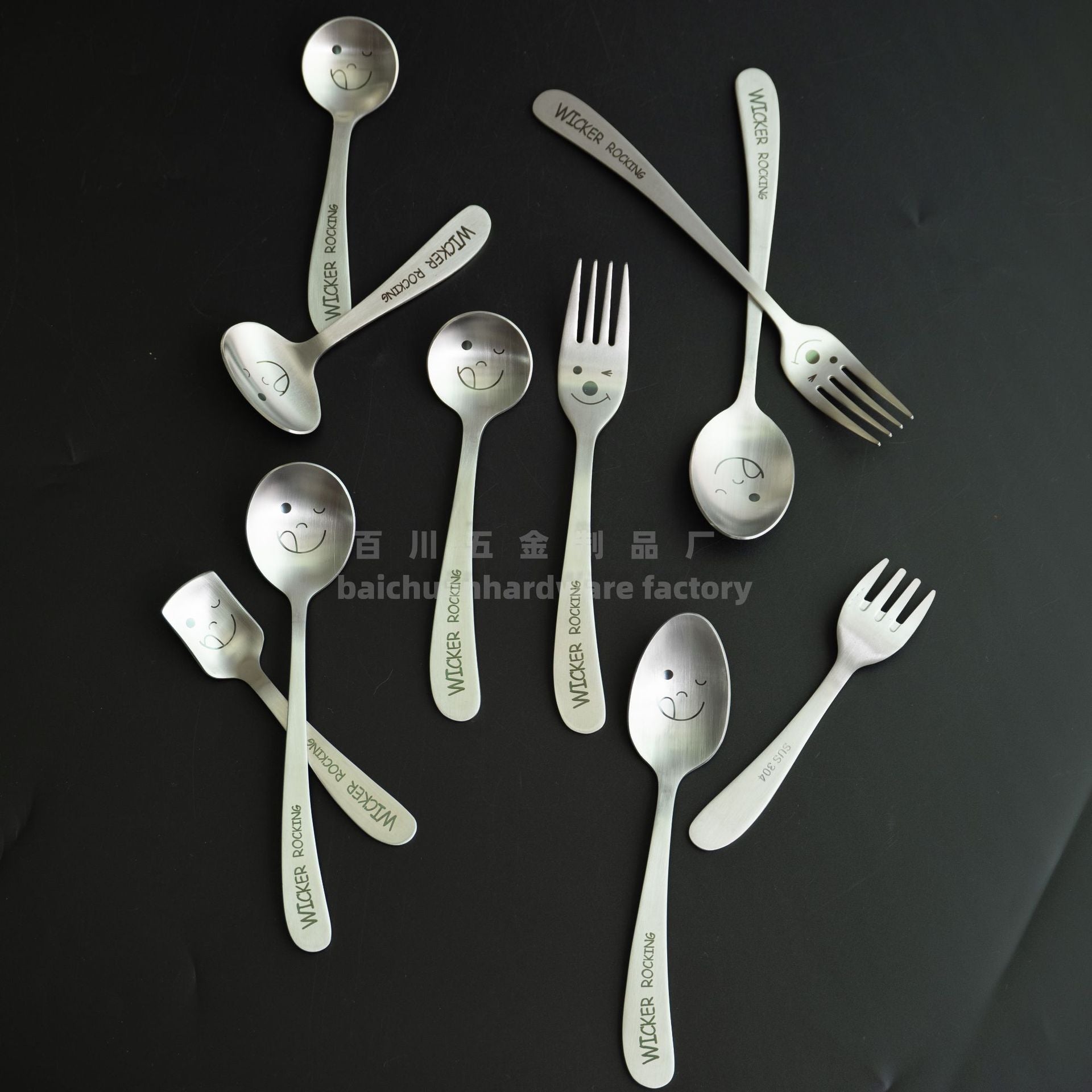 304Stainless Steel Creative Smiley Face Slanted Handle Laser Spoon Chopsticks Fork Student Tableware Full Set Gift Children's Tableware