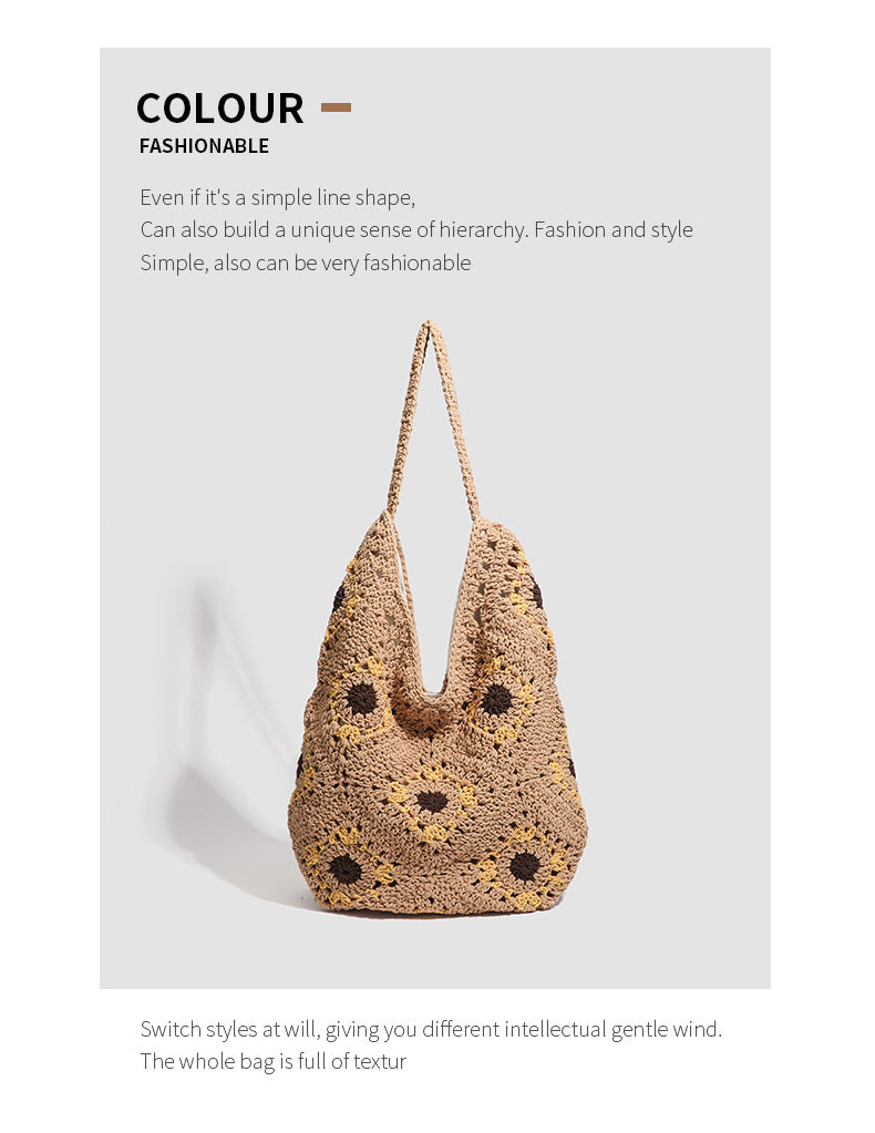 European and American Spring New Handmade Cotton Thread Crochet Hollow Sunflower Flower Woven Shoulder Bag for Women Straw Underarm Bag