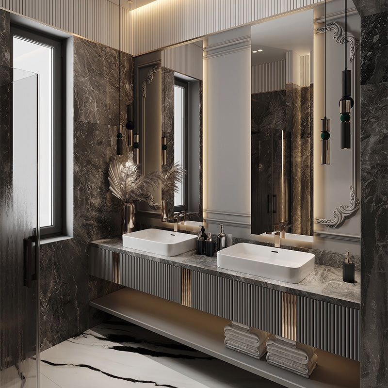 60 Inch Modern Stainless Steel MDF Luxury Double Sink Basin LED Mirror Wall Hung Bathroom Vanity Cabinet Set