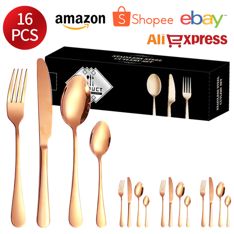 1010Stainless Steel Cutlery Set Hotel Titanium Coated Western Steak Knife Fork Spoon Tea Spoon24Set