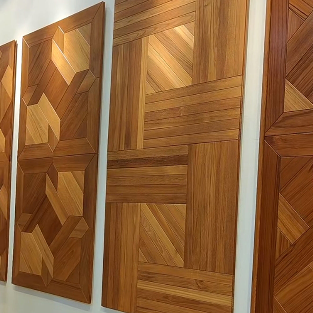 14mm Engineered Teak Square Parquet Flooring | Custom Decorative Wood Panels for Modern Villa Commercial Outdoor Use |