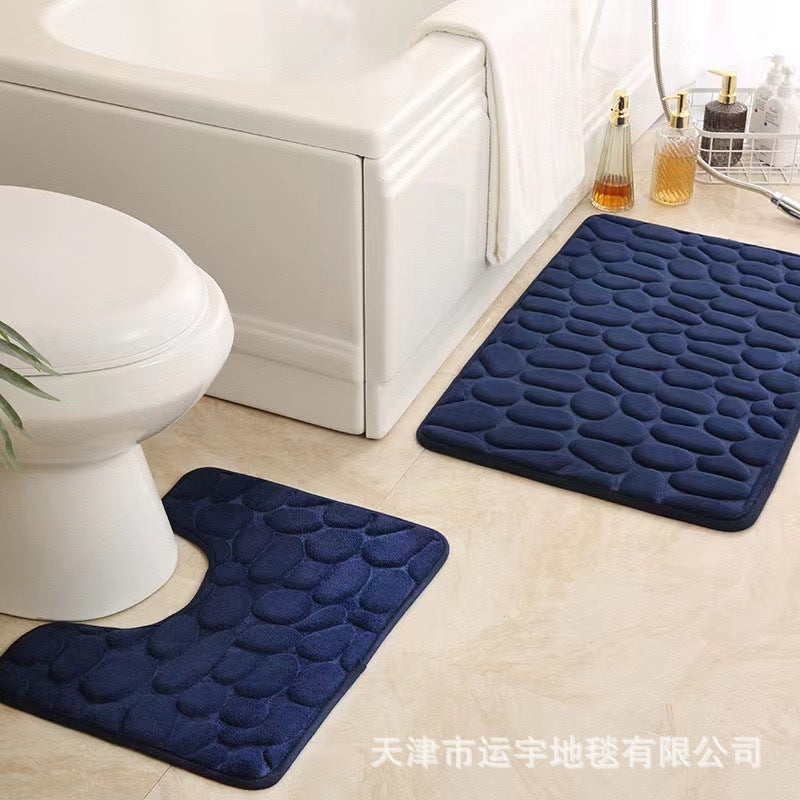 Embossed Pebble Coral Fleece Mat for Bathroom Toilet U Type bathroom absorbent foot mat small stones2Set