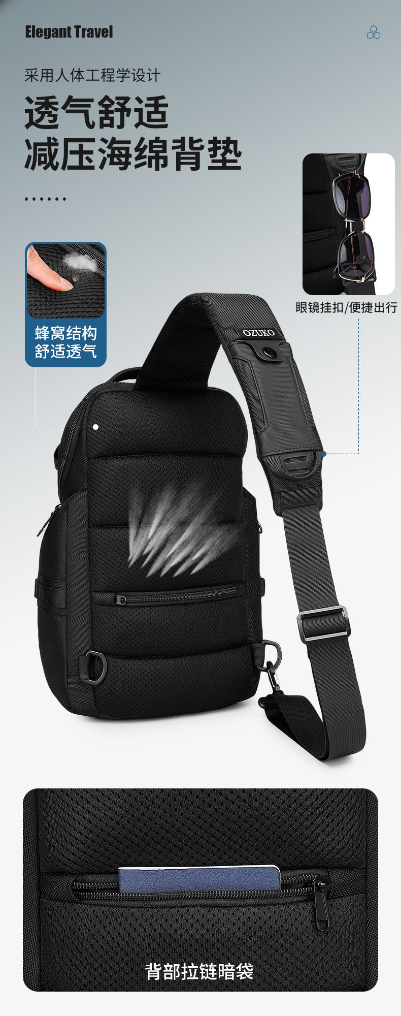 OZUKO Men's Chest Bag Waterproof Large Capacity Multifunctional Crossbody Bag Trendy Portable Lightweight High-end Feel Single Shoulder Bag