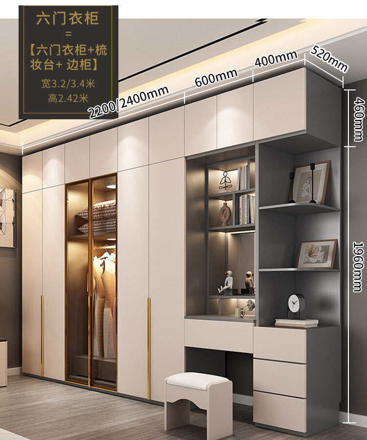 Flat Door Glass Door Wardrobe Modern Household Bedroom Cloakroom Four-Six-Eight Door Assembly Wardrobe Storage Large Wardrobe