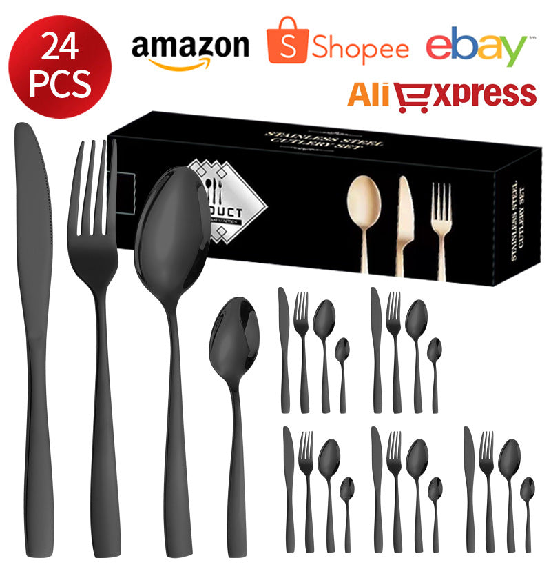 410Stainless Steel Tableware24Set of Hotel Western Dining Square Handle Steak Knife, Fork, Spoon, Tea Spoon