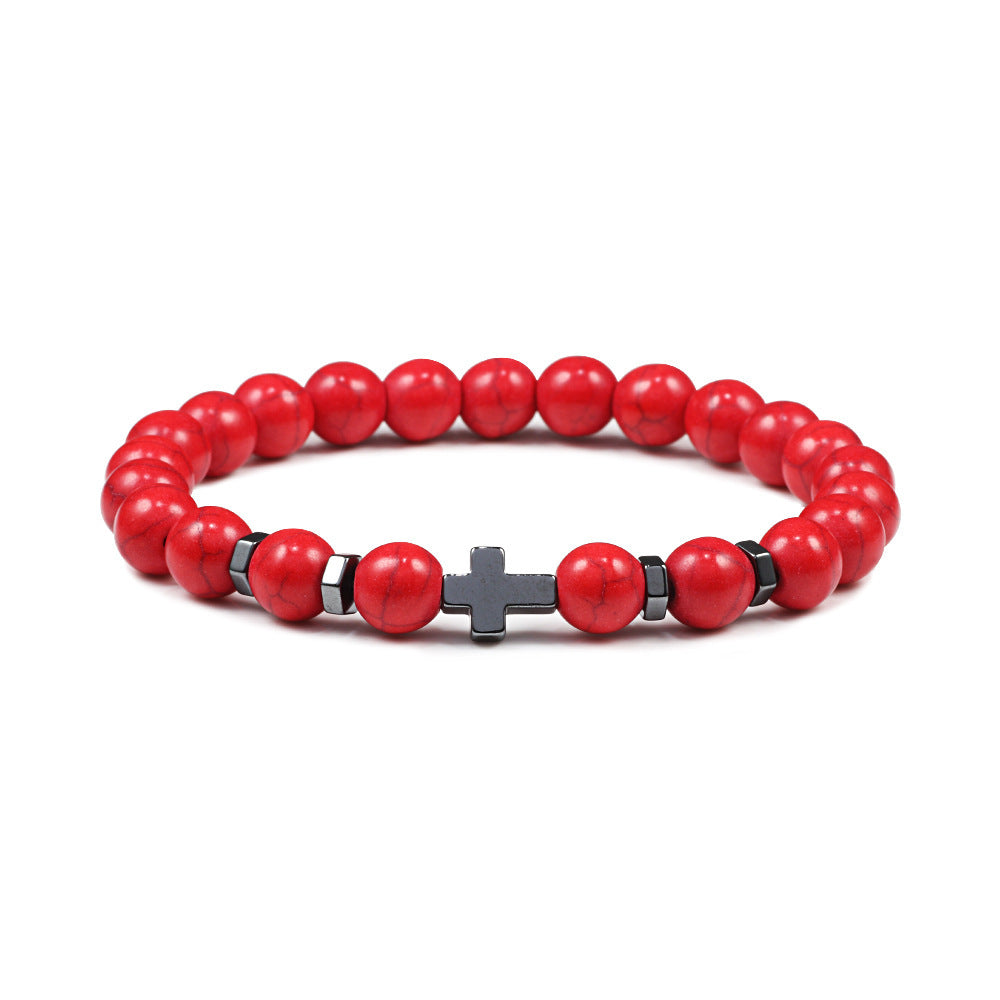 Men's Cross Spacer Bracelet Natural Stone8mm Tiger Eye Turquoise Bracelet Black Gallstone Volcanic Cross Bracelet