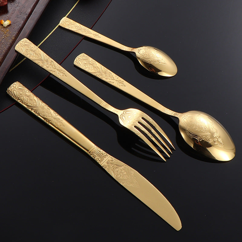 410Stainless Steel Tableware Hotel Retro Double Pattern Totem Western Cutlery Knife Fork Spoon Restaurant Hammered Steak Knife Fork
