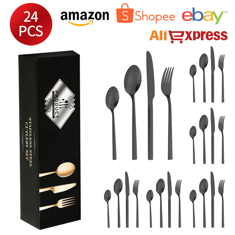 410Stainless Steel Tableware Hotel Restaurant Thickened Square Handle Knife Fork Spoon Set Western Food24Set of Steak Knives and Forks