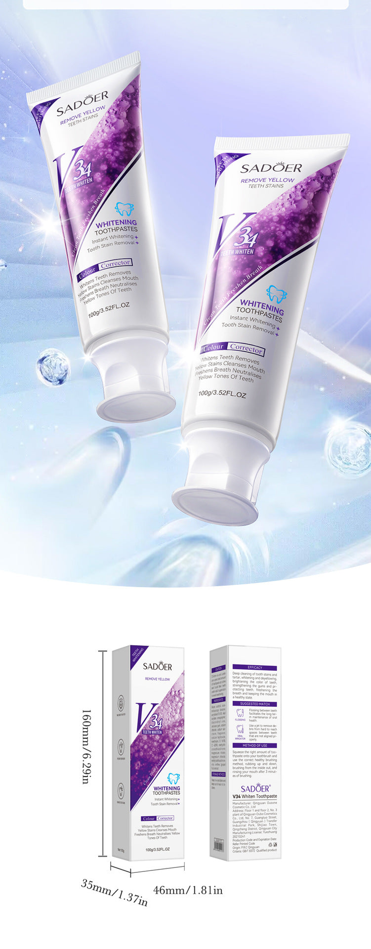 V34Whitening Toothpaste SADOER Clean Tartar Brightening Toothpaste  Wholesale
