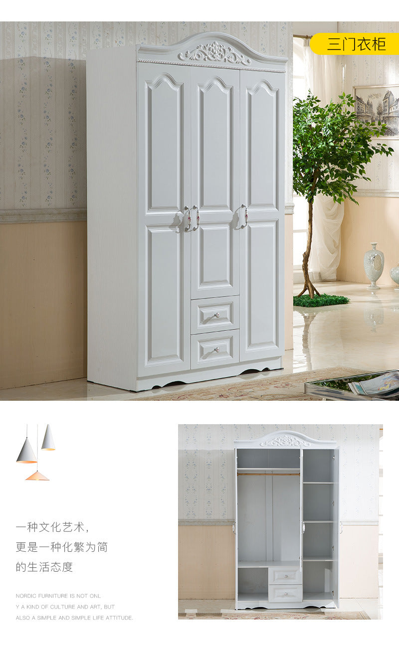 Simple Bedroom Wardrobe European Style Cloakroom Double-Opening Three-Door Four-Door Wooden Panel Rental Room Storage Space Organizer